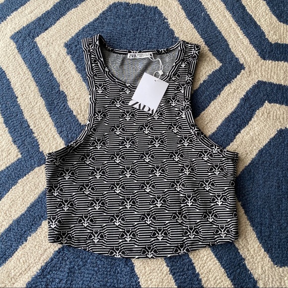 🖤 ZARA BLACK WHITE STRIPE FLORAL CROP TOP! - Picture 5 of 7